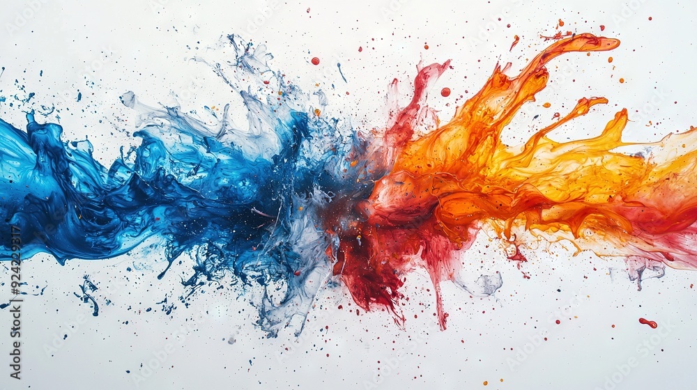 An orange and blue liquid splashing into each other on a white background with a red and blue object in the center An orange and blue liquid splashing into each other on a white background with a red and blue object in the center