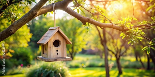 Bird house hanging on a tree branch in a garden, birdhouse, branch, nest, hanging, cute, colorful, garden decor, outdoor, shelter photo