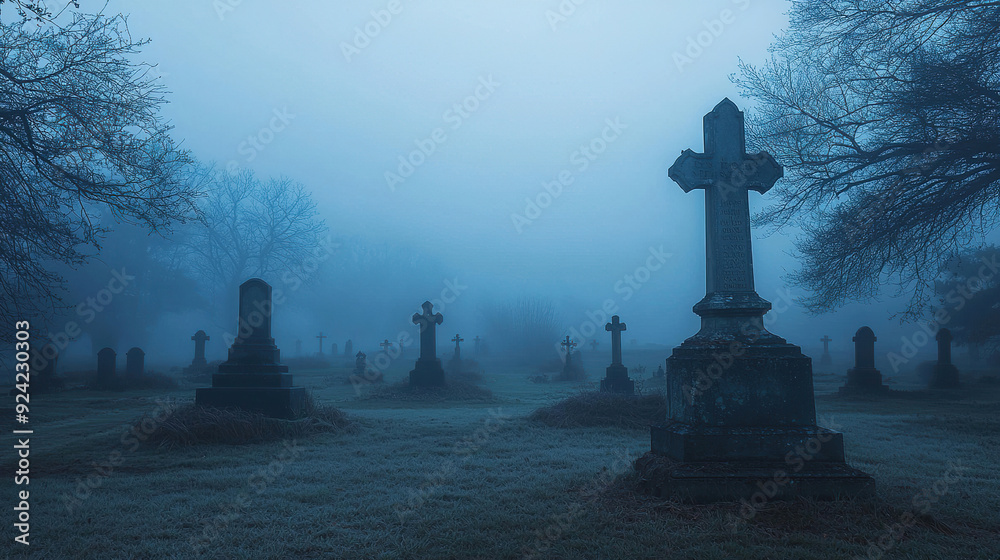 A Foggy Graveyard Background for Halloween Concept with Copy Space A Foggy Graveyard Background for Halloween Concept with Copy Space
