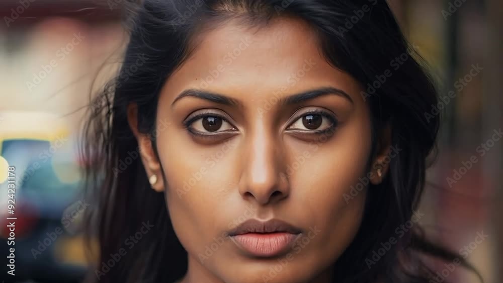 Indian woman serious face portrait on a street Indian woman serious face portrait on a street