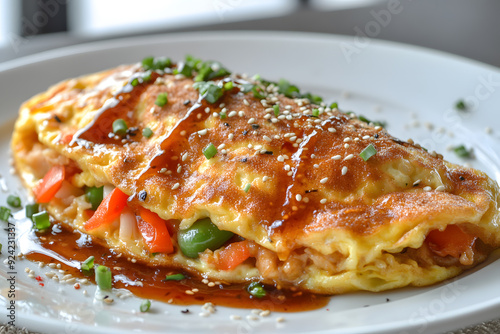 Classic Egg Foo Young with tender meat and vegetables, garnished with scallions and sesame seeds in a home kitchen photo