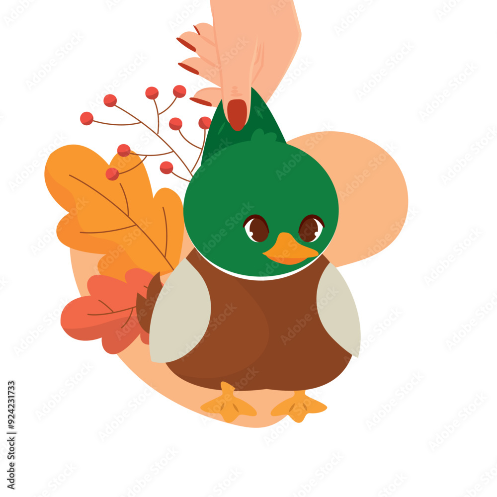 Hand holding cute autumn duck with leaves, Vector Hand holding cute autumn duck with leaves, Vector