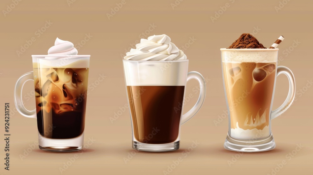 Assortment of coffee cups with various toppings and flavors. Coffee shop menu concept. Food and drink concept