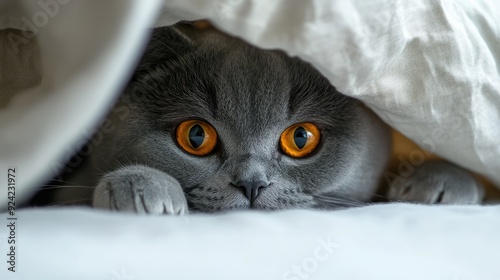 A gray cat with bright orange eyes peeks from under a white blanket. This photo can be used for websites, social media posts, or any project related to cats, pets, and comfort. photo