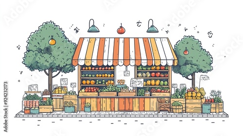 Hand-drawn Illustration of a Produce Stand with Fresh Fruits and Vegetables