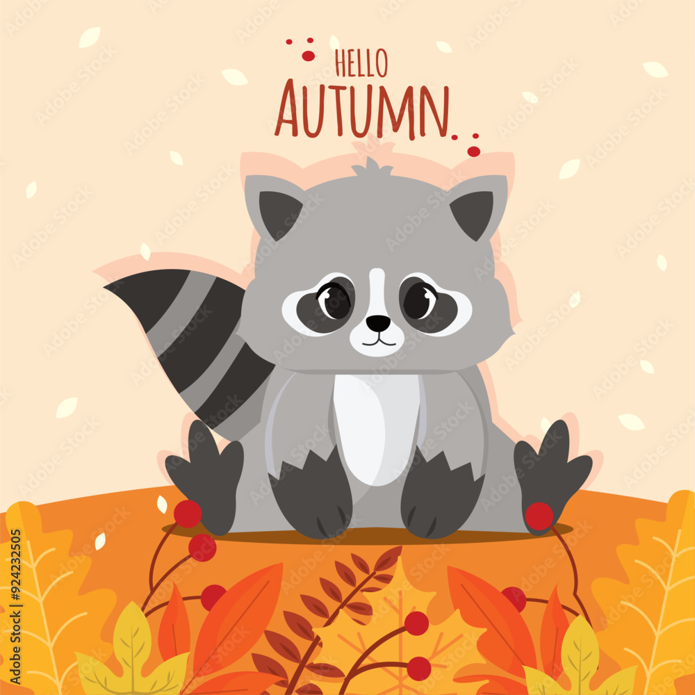 Cute racoon with autumn leaves and text Hello Autumn, Vector Cute racoon with autumn leaves and text Hello Autumn, Vector