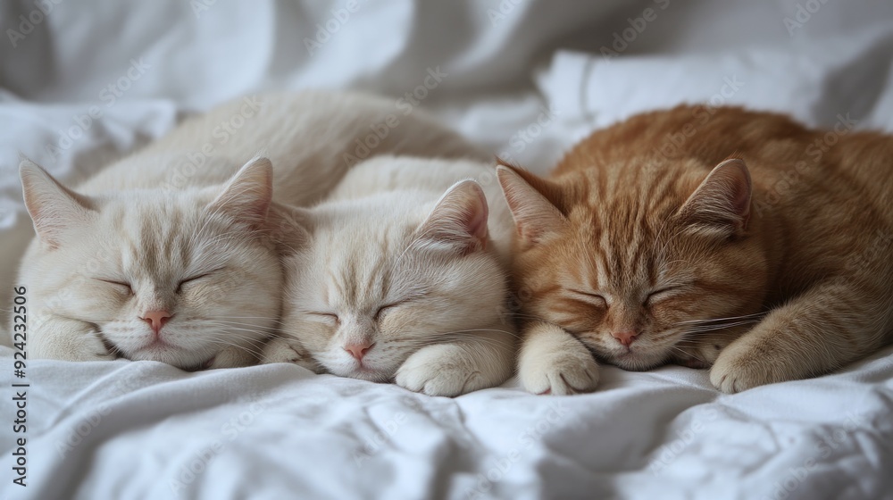Three cats sleep peacefully on a bed. This image is perfect for showcasing the tranquility and comfort of a cozy home. Three cats sleep peacefully on a bed. This image is perfect for showcasing the tranquility and comfort of a cozy home.