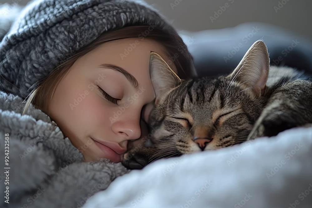 A woman and a cat sleep peacefully. This photo is perfect for websites, blogs, and social media posts about sleep, pets, and relaxation. A woman and a cat sleep peacefully. This photo is perfect for websites, blogs, and social media posts about sleep, pets, and relaxation.