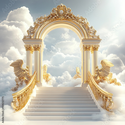 3D golden Baroque arch with stairs leading to heaven on a white background with clouds photo