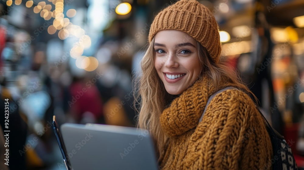 Woman Smiling While Working on Laptop in a Busy City. Woman Smiling While Working on Laptop in a Busy City.