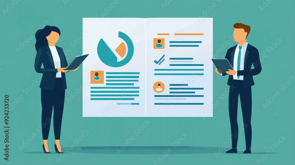 Fototapeta premium Two people are looking at a large chart on a green background