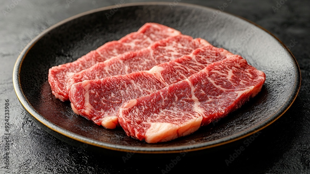 Close-up of raw marbled beef steaks displayed on a black plate, showcasing high-quality meat ready for cooking, highlighting its rich texture and marbling. Close-up of raw marbled beef steaks displayed on a black plate, showcasing high-quality meat ready for cooking, highlighting its rich texture and marbling.