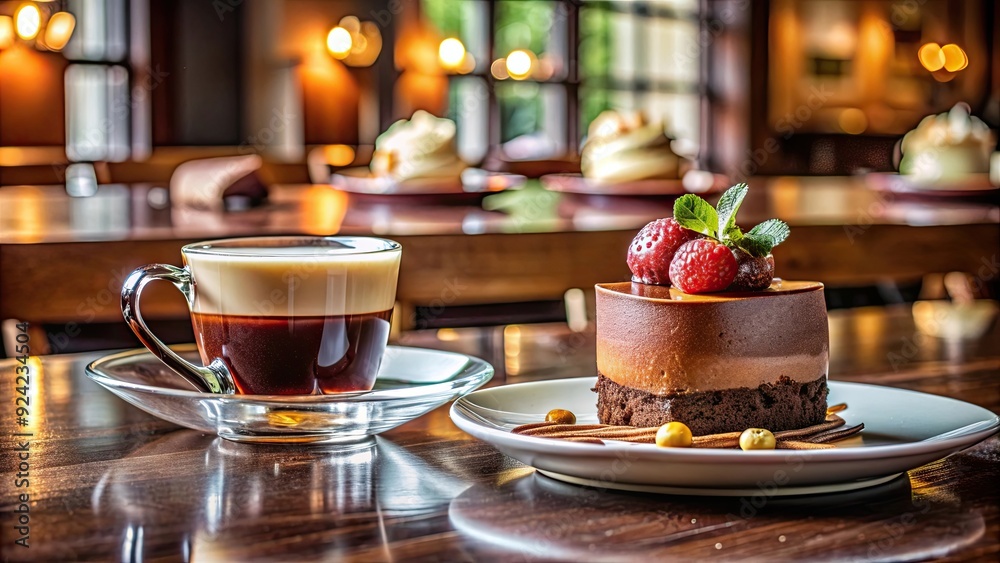 Rich chocolate dessert and coffee served in a stylish cafe setting, chocolate, dessert, coffee, cafe, stylish, elegant Rich chocolate dessert and coffee served in a stylish cafe setting, chocolate, dessert, coffee, cafe, stylish, elegant