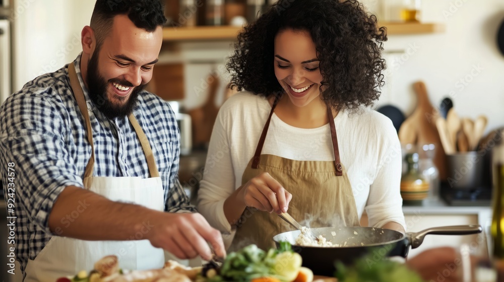 A couple shares laughter in a gourmet cooking class, creating delicious dishes and cherished memories.