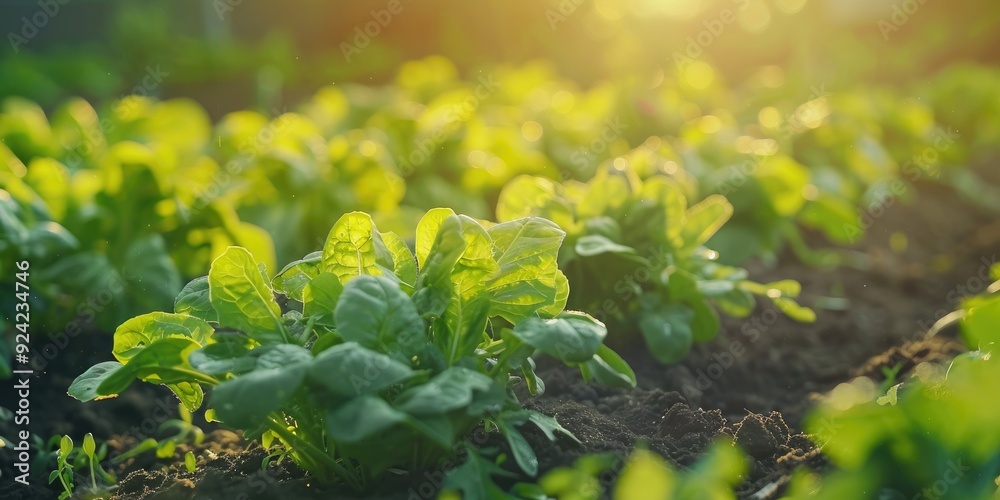 Summer garden bed with vibrant green salad growing Summer garden bed with vibrant green salad growing
