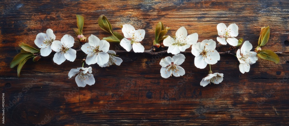 Fototapeta premium White Blossoms on Weathered Wooden Plank