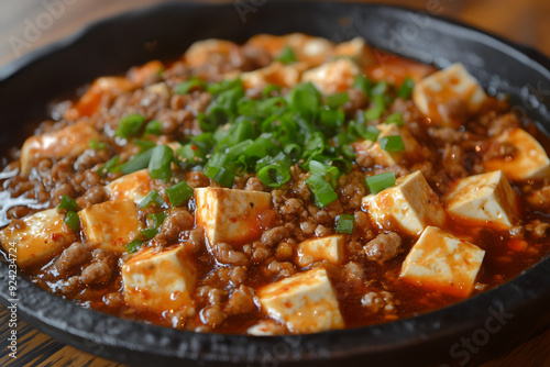 Sizzling Mapo Tofu with tender silken tofu and ground pork in a savory, spicy chili oil sauce, topped with green onions and Sichuan peppercorns.