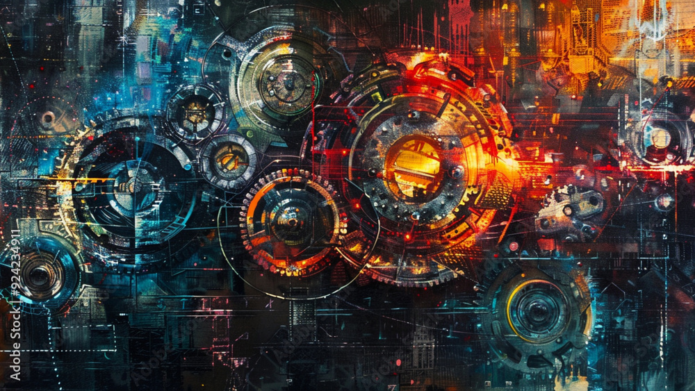 Fototapeta premium Vibrant Abstract Illustration of Interconnected Gears and Machinery, Dynamic Industrial Lighting and Complex Mechanisms