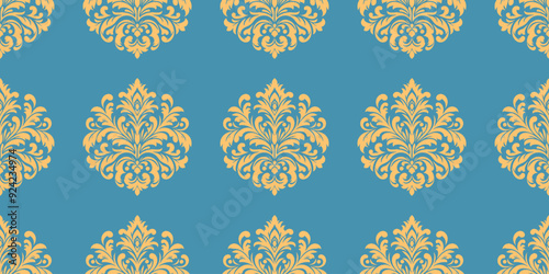 Elegant damask pattern in teal blue and gold. Classic floral ornaments for wallpaper, fabrics, and invitations.