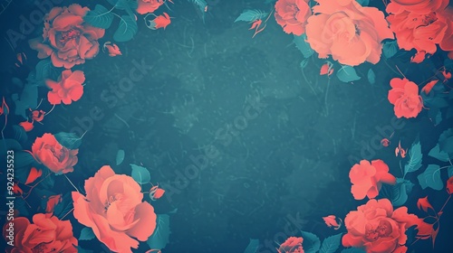 A floral border design featuring vibrant roses on a dark blue background, ideal for invitations or decor.
