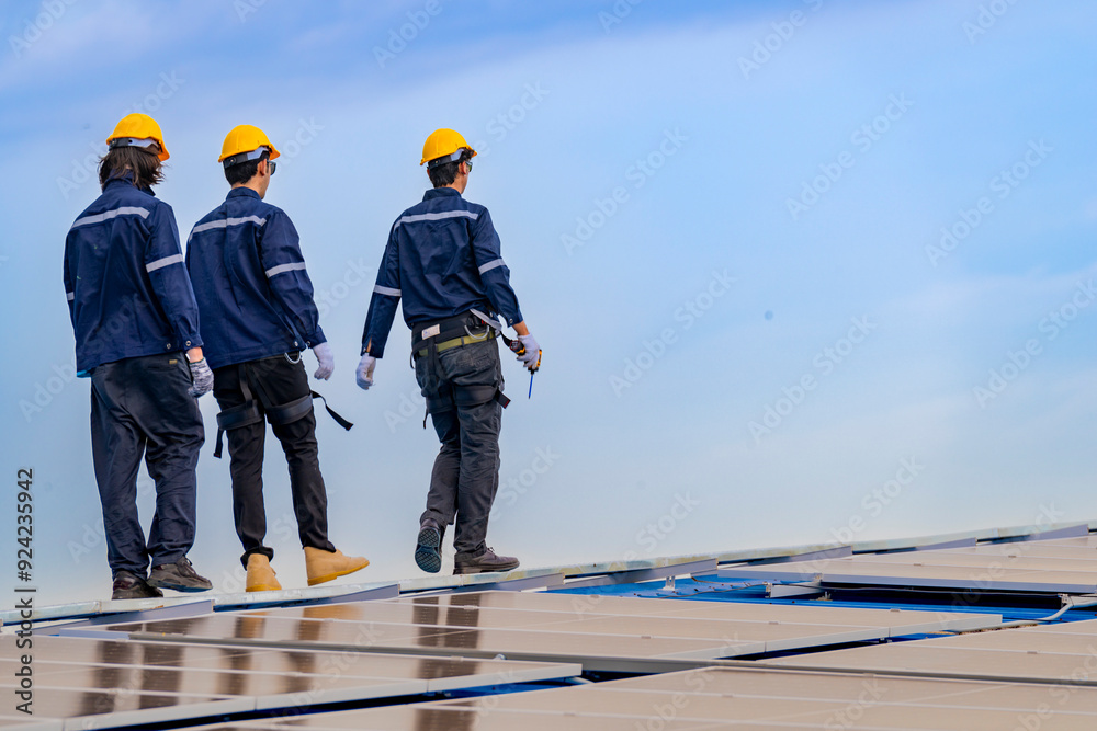 engineer man inspects construction of solar cell panel or photovoltaic cell by electronic device. Industrial Renewable energy of green power. factory worker working on tower roof.