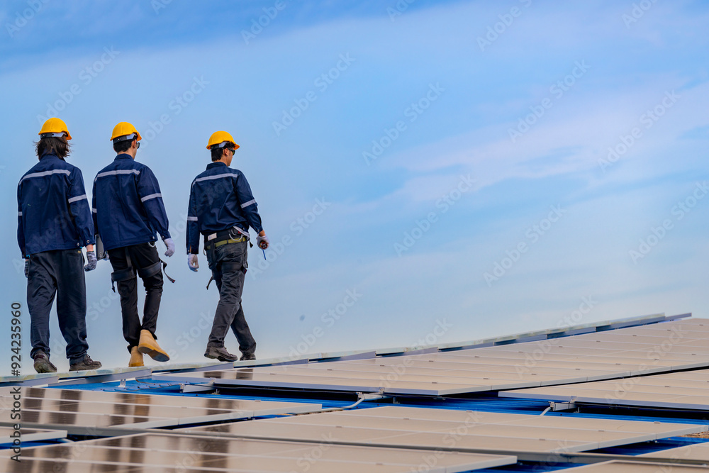 Worker Technicians are working to construct solar panels system on roof. Installing solar photovoltaic panel system. Men technicians walking on roof structure to check photovoltaic solar modules. Worker Technicians are working to construct solar panels system on roof. Installing solar photovoltaic panel system. Men technicians walking on roof structure to check photovoltaic solar modules.
