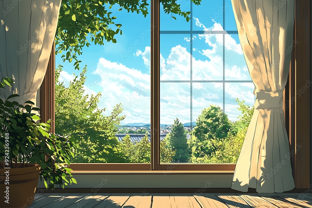 Illustration of the nuances outside the window with beautiful scenery in Japan. Illustration of the nuances outside the window with beautiful scenery in Japan.