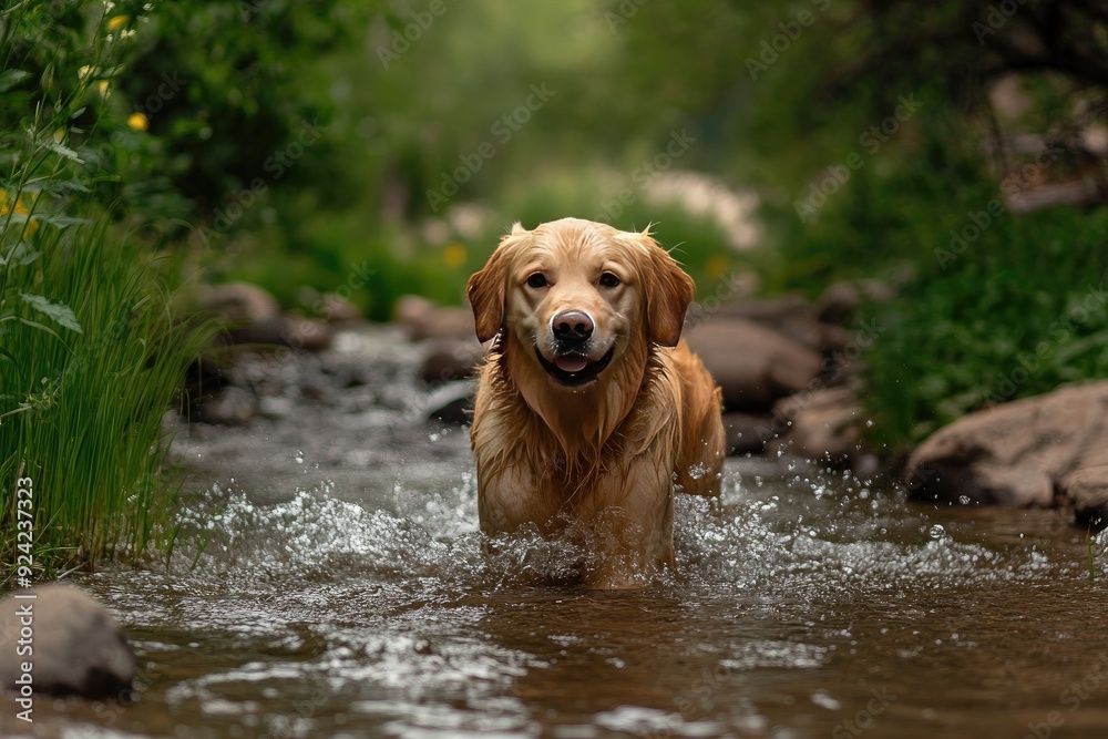 Golden Retriever dog playing in a stream. This photo is perfect for websites or articles about pet care and outdoor activities. Golden Retriever dog playing in a stream. This photo is perfect for websites or articles about pet care and outdoor activities.