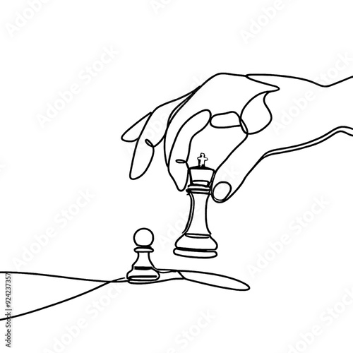 continuous line drawing of hands holding the figure of a chess piece and knocking out