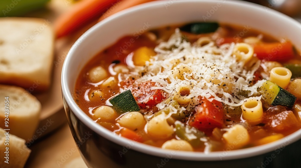A bowl of minestrone soup, filled with vegetables and pasta, topped with Parmesan cheese. A bowl of minestrone soup, filled with vegetables and pasta, topped with Parmesan cheese.