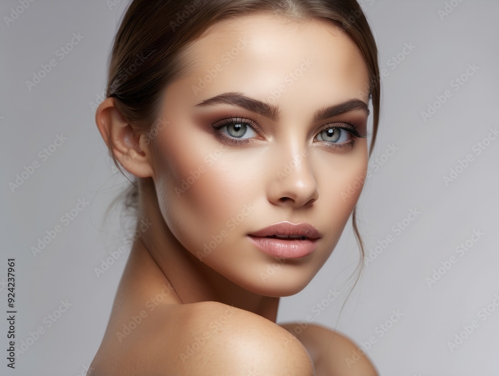 Close-up Portrait of a Young Woman with Natural Makeup and Blue Eyes