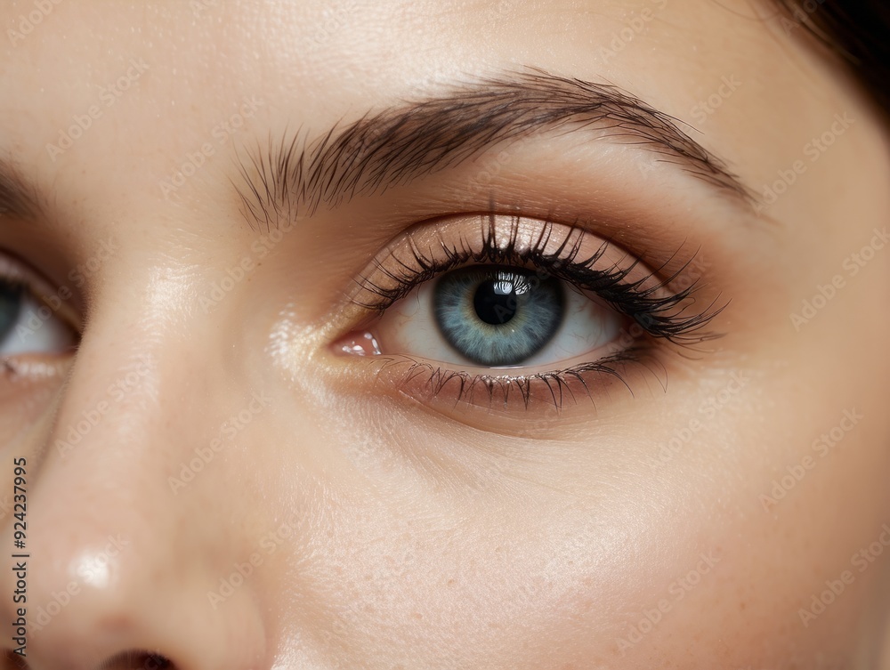 Obraz premium Close-up of a Woman's Blue Eye with Long Eyelashes and Makeup