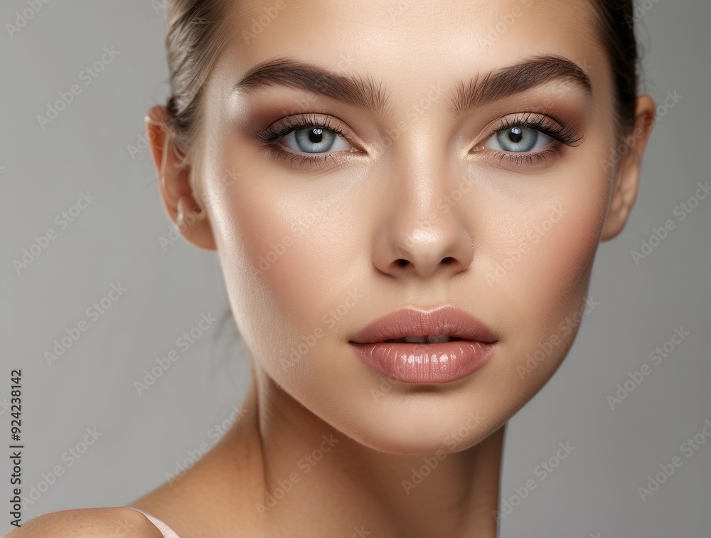 Close-up Portrait of a Woman with Blue Eyes and Subtle Makeup Close-up Portrait of a Woman with Blue Eyes and Subtle Makeup