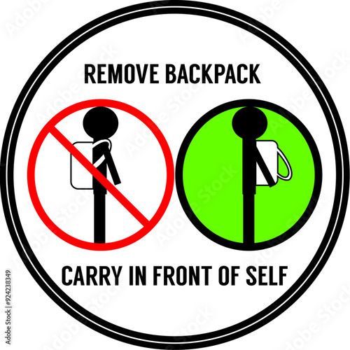 Remove Backpack and Carry in front of self sign. Fully vectored multilayered sign.