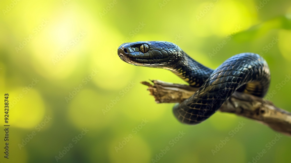 Fototapeta premium Black snake on a branch defocused green background.