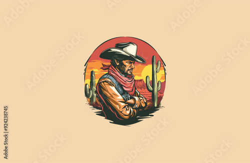 cowboy man with desert and canyon background design vector illustration