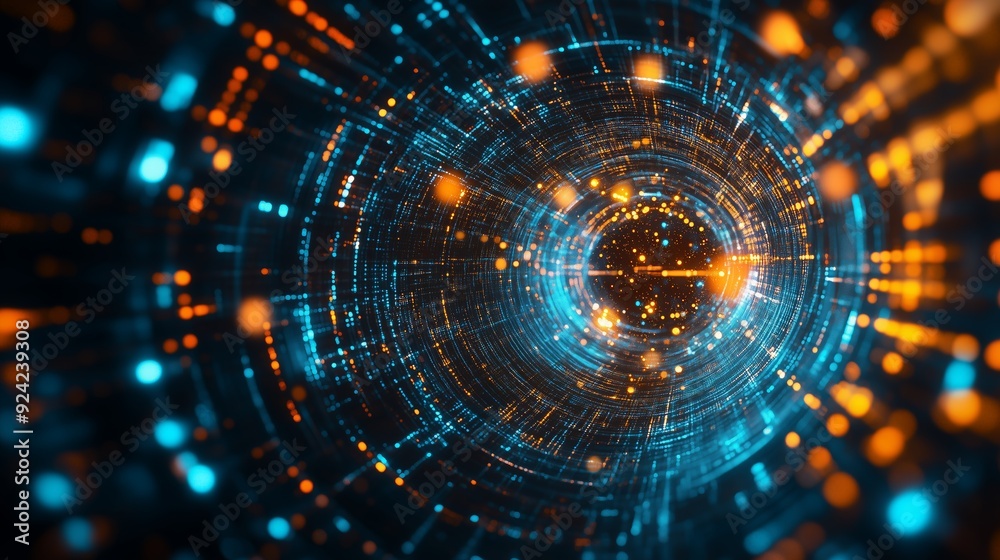 Obraz premium Dynamic digital tunnel with glowing blue and orange light streams, symbolizing high-speed data transfer, networking, and advanced technology.