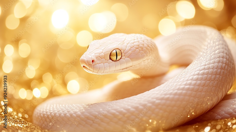 Albino snake with blurred gold background, glitter and blurred background, white snake represent year of snake, happy Chinese new year, Albino snake with blurred gold background, glitter and blurred background, white snake represent year of snake, happy Chinese new year,