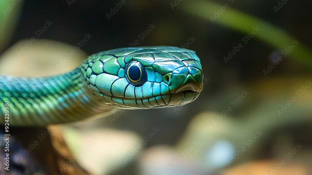 A green snake with a blue head is shown in the image A green snake with a blue head is shown in the image