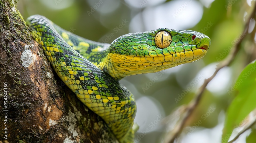 Fototapeta premium Gonyosomo green snake on the tree