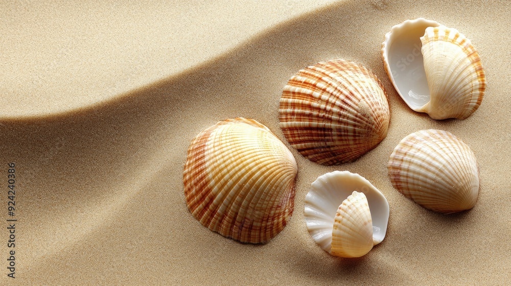 Seashells on a sandy beach. This image can be used for websites, social media, and other marketing materials. Seashells on a sandy beach. This image can be used for websites, social media, and other marketing materials.