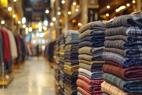 Row of neatly folded jeans displayed in a stylish retail store emphasizing organization variety and the durable appeal of classic denim fashion in a modern shopping environment