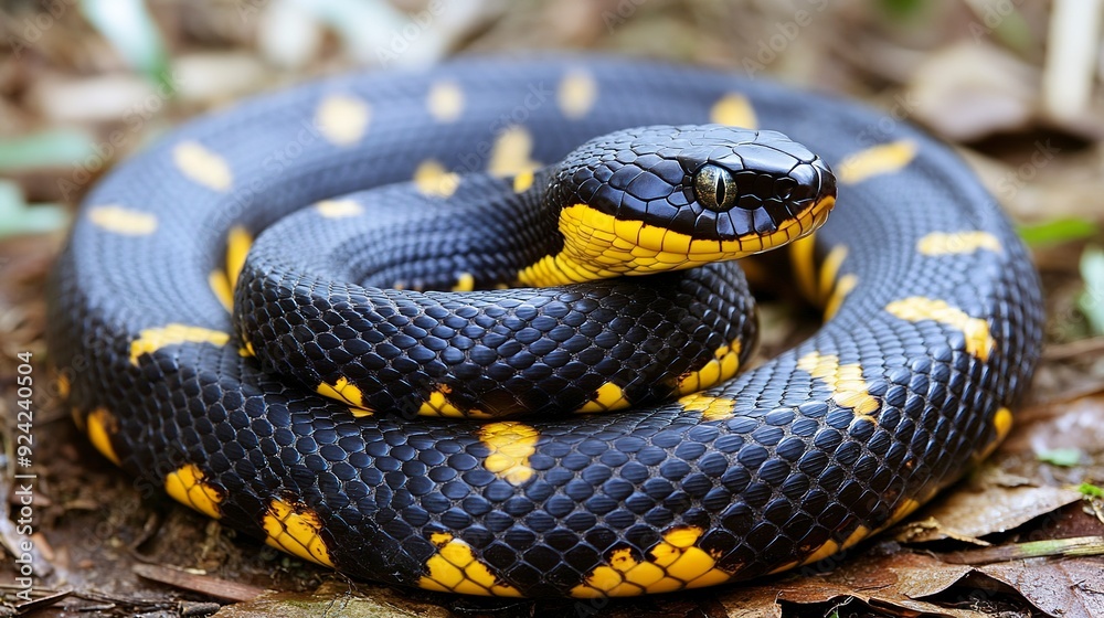 A snake is coiled up on the ground, showing its scaled body and distinctive pattern. A snake is coiled up on the ground, showing its scaled body and distinctive pattern.