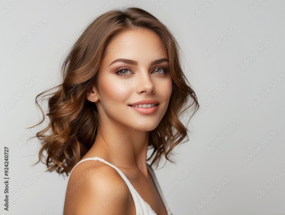 Portrait of a Woman with Brown Hair and White Top Smiling Portrait of a Woman with Brown Hair and White Top Smiling