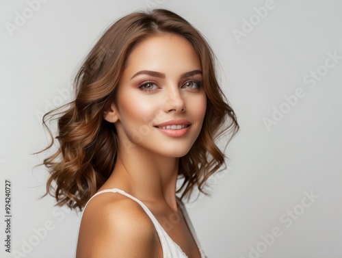 Portrait of a Woman with Brown Hair and White Top Smiling photo