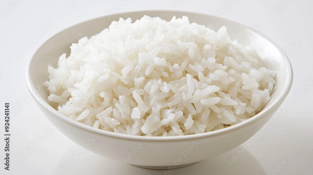 A portion of fluffy white rice served on a white dish, with a seamless white background, offering a clean, minimal aesthetic. A portion of fluffy white rice served on a white dish, with a seamless white background, offering a clean, minimal aesthetic.