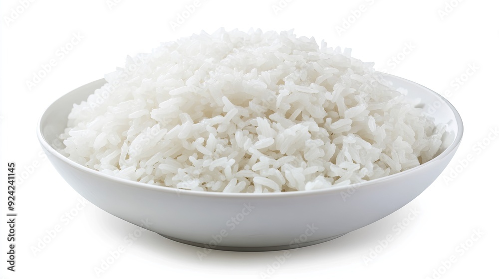A portion of fluffy white rice served on a white dish, with a seamless white background, offering a clean, minimal aesthetic. A portion of fluffy white rice served on a white dish, with a seamless white background, offering a clean, minimal aesthetic.