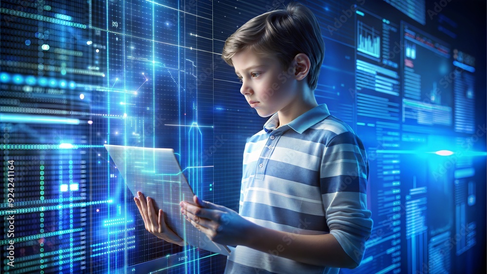 A young programmer working with a code hologram interacts with virtual lines of code to create a new program. A young programmer working with a code hologram interacts with virtual lines of code to create a new program.