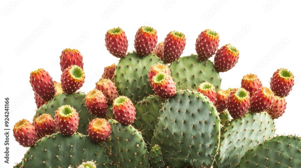 A prickly pear cactus filled with bright fruit, isolated on a white background, providing a clear and detailed focus on the plantaes textures and colors. A prickly pear cactus filled with bright fruit, isolated on a white background, providing a clear and detailed focus on the plantaes textures and colors.