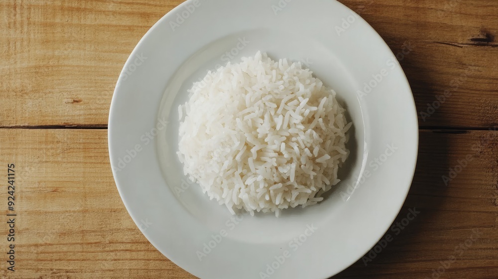 A portion of steamed Thai Jasmine rice on a white plate, viewed from above on a wooden table. Simple, aromatic, and ready to serve.